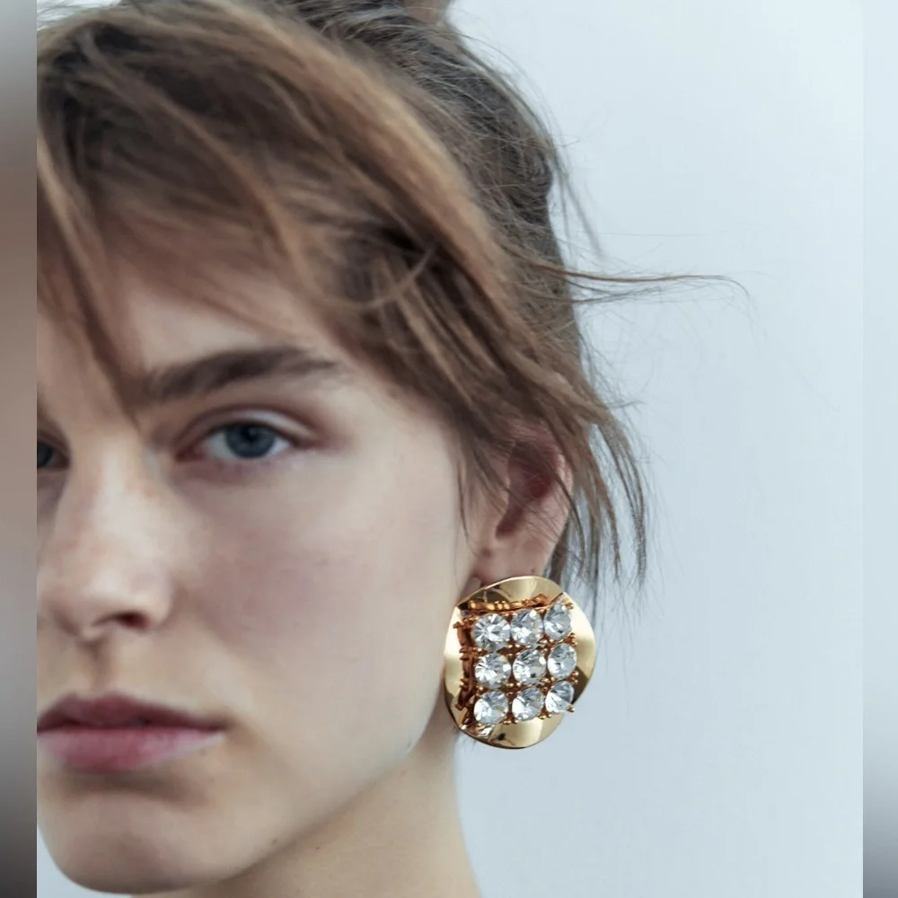 NWT. Zara Golden Circular Shape Metallic Earrings with Jewel Appliqués. - Picture 5 of 7
